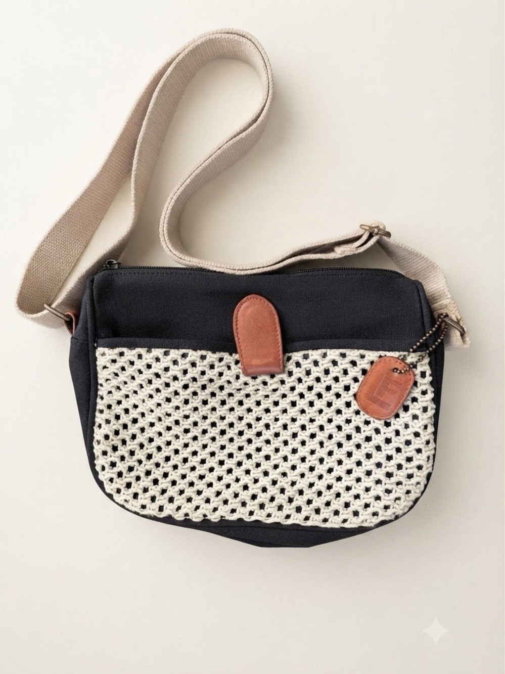 Vintage Leslie Fay Crochet & Canvas Crossbody Bag